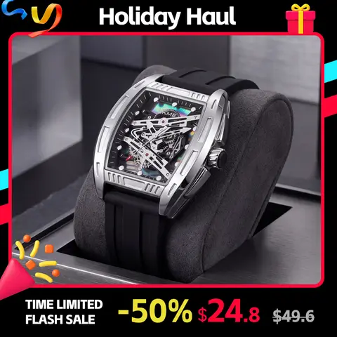 SKMEI Men's Casual Fashion Quartz Wristwatch - Barrel-Shaped, Skeleton Dial, Zinc Alloy Case, 44x48mm Face, Hardlex Glass Lens, Soft Silicone Clasp Band, Lightweight, 30M - 50M Waterproof, Daily Wear Standout Look