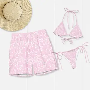 Romantic Pastel Pink Couple's Swimwear Set - His & Hers Beachwear for Honeymoon, Anniversary, Vacation