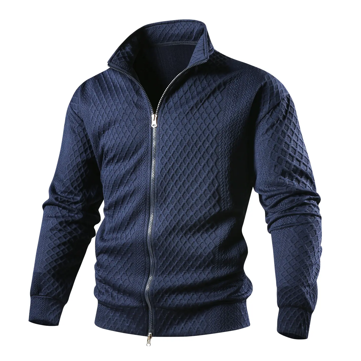 Men’s navy textured zip jacket with a stand collar and lightweight quilted construction; suitable for casual wear in spring and autumn; slim-fit urban outerwear.
