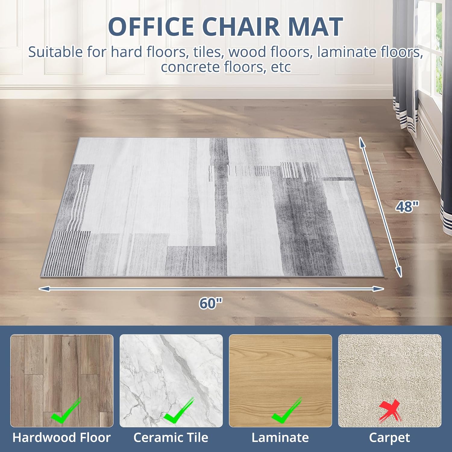 Office Chair Mat, Chair Mat for Hard Floors 48 x 60 Inches, Modern Desk Chair Mat, Floor Mat for Office Chair Low Pile, Non Slip Mat for Under Desk Hardwood Floor, Computer Chair Mat for Hardwood