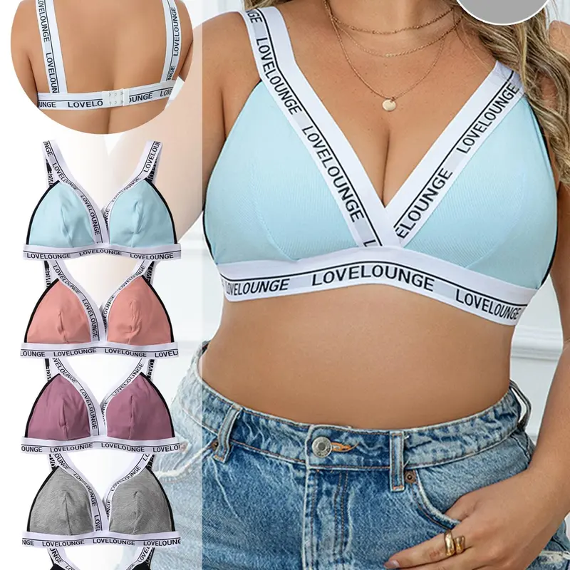 【Plus Size】 Letter Tape Bra, Breathable Bras, Comfy Bra, Casual Comfortable Breathable Wireless Wirefree Bra for Daily Wear, Women's Lingerie for All Seasons, Underwear