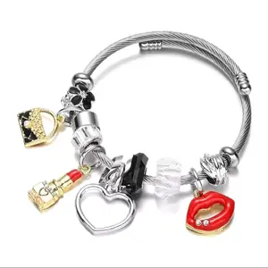 Stainless Steel Jewelry Charm Bangle Bracelet with Lipstick Charm, Silver Ring Attachment, Includes Heart and Lipstick Pieces