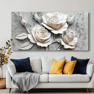 Canvas Wall Art White Rose Wall Relief Modern Abstract Painting, Solid Wood Frame Photo Living Room Office Bathroom Bedroom Kitchen Home Decor High Quality Landscape Painting Printed on Canvas Wall Decor