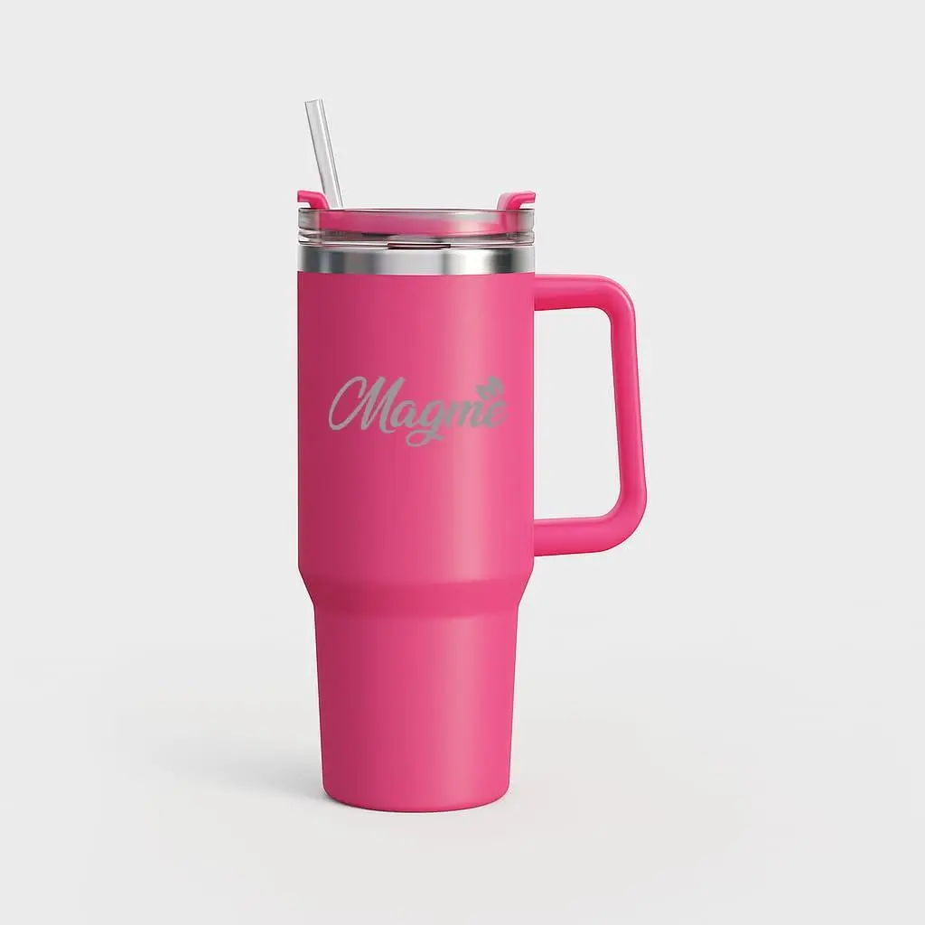 40 oz Stainless Steel Tumbler with Handle and Straw – Magme+ Pink Travel Mug – Insulated Leak-Proof Cup for Hot & Cold Drinks – Reusable Coffee Cup