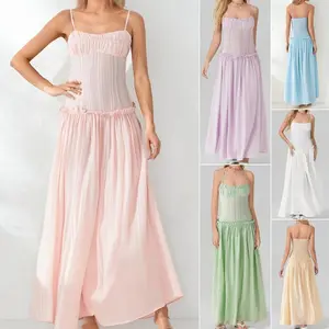 Women Long Dress, Solid Color Spaghetti Strap Cami Dress, Summer Fashion Sleeveless Casual Dress, Ladies Dress for Indoor Outdoor Wear, Ladies Clothes for Daily Wear, Casual Dress