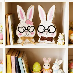 Easter Wooden Cute Bunny Figurine, Eyeglasses Rabbit Desktop Ornament, Living Room Study Soft Decor, Heart Glasses Bow Tie Rabbit Decoration