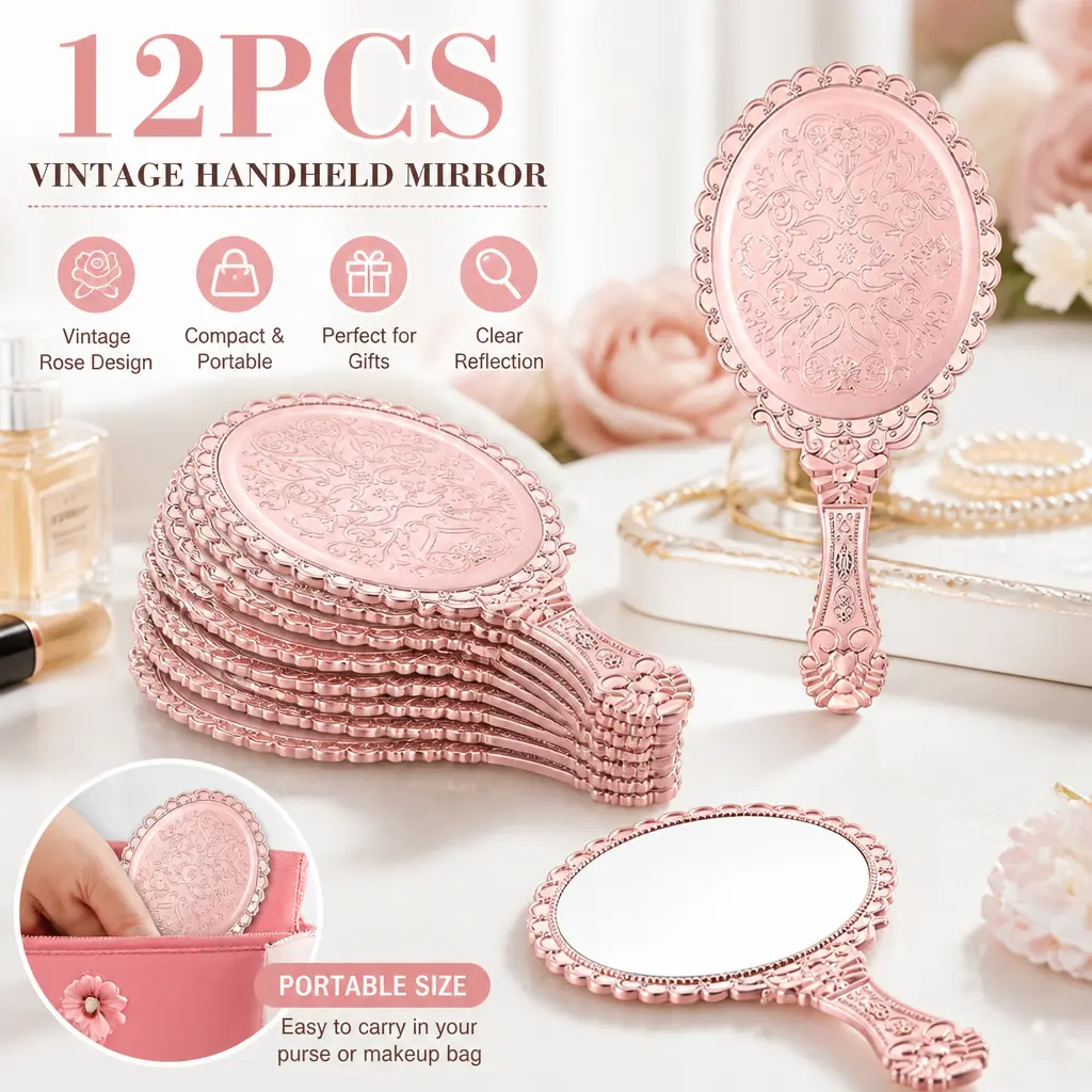12pcs Baroque Elegant Multi-Pack Durable Handheld Makeup Mirrors, 9.84in Rose Gold Embossed Vintage Compact with Handle, Bridesmaid Wedding Party Favors