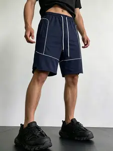 Men's Black Contrast White Piping Track Shorts Elastic Waist Drawstring Loose Fit Streetwear Casual Shorts for Men Summer Shorts Mens Streetwear Shorts for Summer Men Shorts Summer Streetwear Clothes Fashion Men Clothes