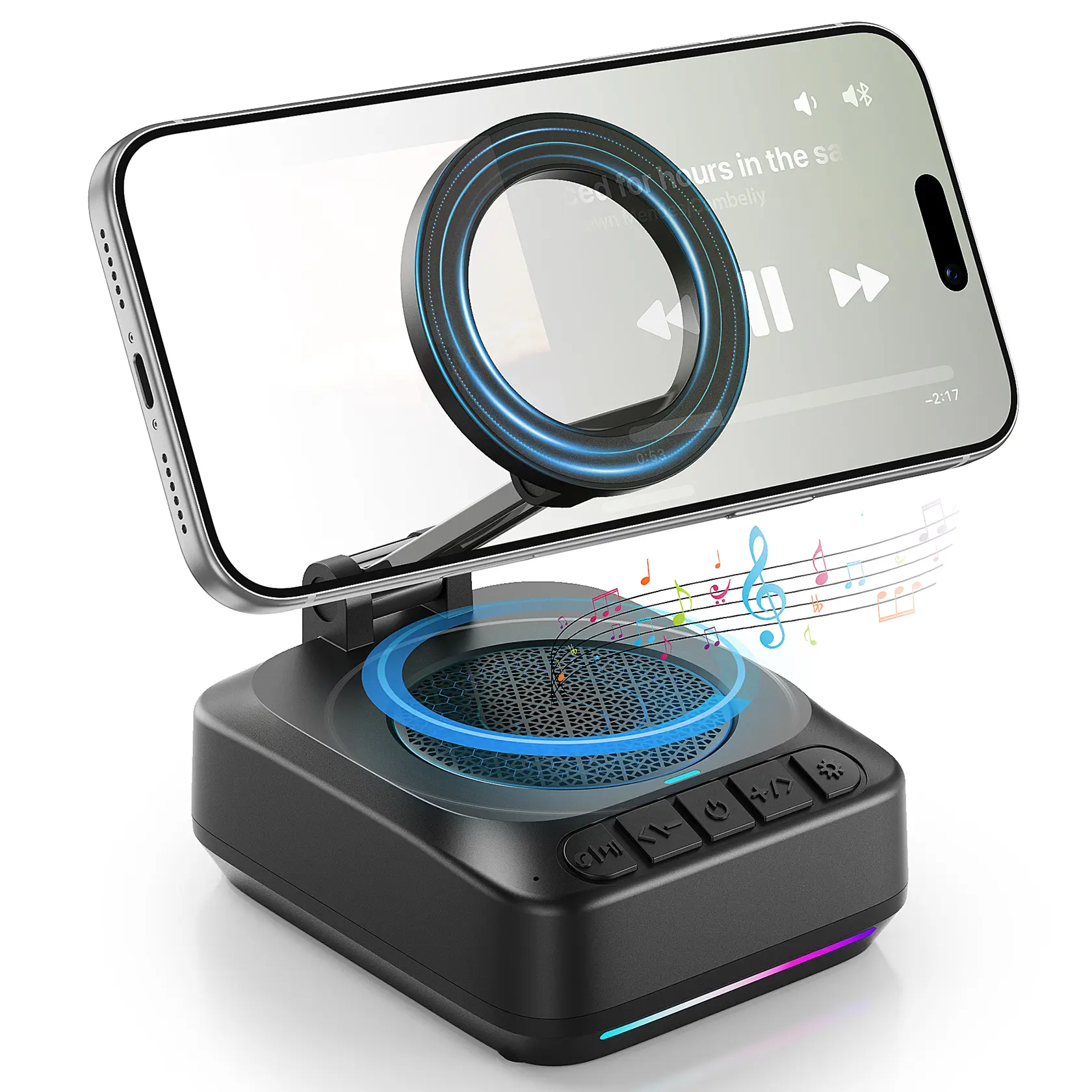 MagSafe Phone Stand With Bluetooth Speaker, Adjustable Desk Phone Holder RGB Stereo Speaker Built-in Mic For iPhone Android Samsung Galaxy, Ideal Gift For Men Women tiktokshopbacktoschool