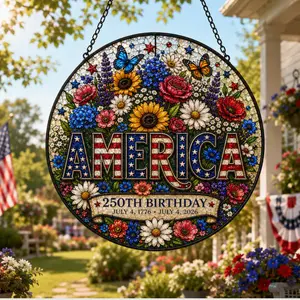 Personalized Patriotic USA 250th Stained Acrylic Suncatcher, Independence Day Window Hanging, Anniversary Gift