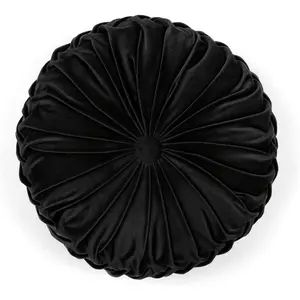 Round Pleated Soft Velvet Decorative Throw Pillow, 1 Count, 15" Diameter, Black - Plush Round Pillow, Seat Cushion, Decorative Pillows For Bed, Couch, Or Chair