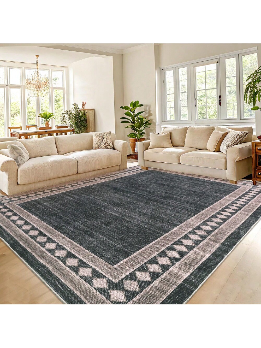 Black Brown-8*10 feet Contemporary Machine Washable Area Rug Modern Geometric Floor Cover Non Slip Stylish Bordered Accent Carpet Stain Resistant Lo