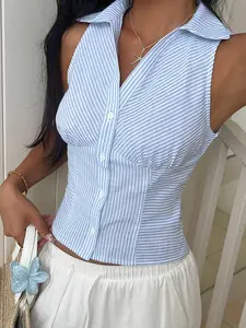 Women's Vertical Stripe Sleeveless Shirt, Chic, Point Turndown Collar, Single-Breasted Button Placket, Waist-Cinching Cropped Hem, Fitted, Lightweight Woven Fabric, Daily Casual Vacation Beach Commute Date Wear, Breathable Wrinkle-Resistant