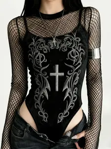 Women's Cross Plant Embroidery Mesh Patchwork Long Sleeve Velvet Transparent Sexy Round Neck Dark Vintage Jumpsuit Grunge Style Sheer Fitted Casual Bodysuit