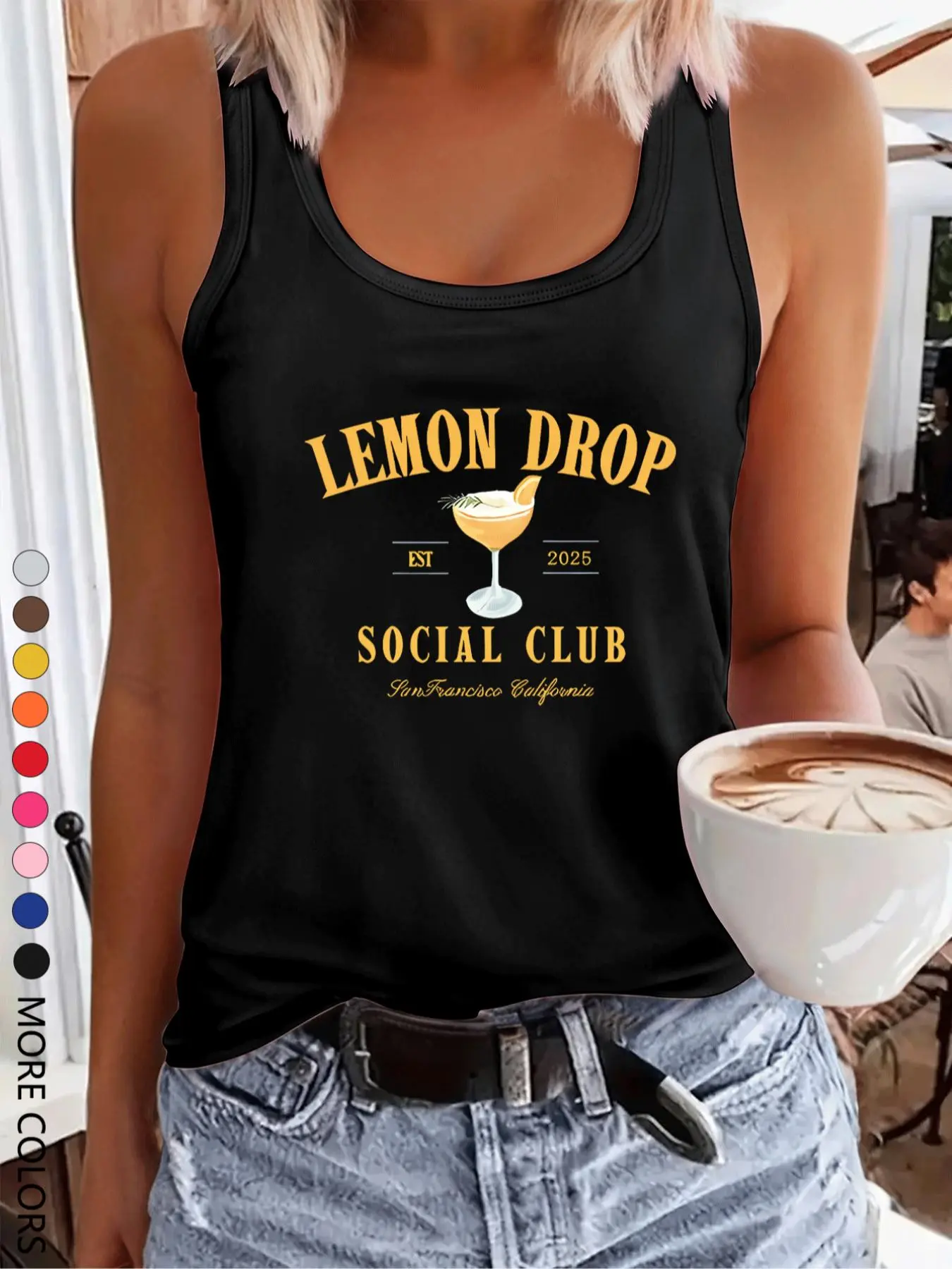Women's Lemon Drop Social Club Print Graphic Tank Top, Casual Sleeveless Loose Fitting Round Neck Top for Summer, Ladies Clothes for Daily Wear, Socks