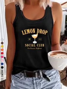 Women's Lemon Drop Social Club Print Graphic Tank Top, Casual Sleeveless Round Neck Top for Summer, Ladies Clothes for Daily Wear, Socks