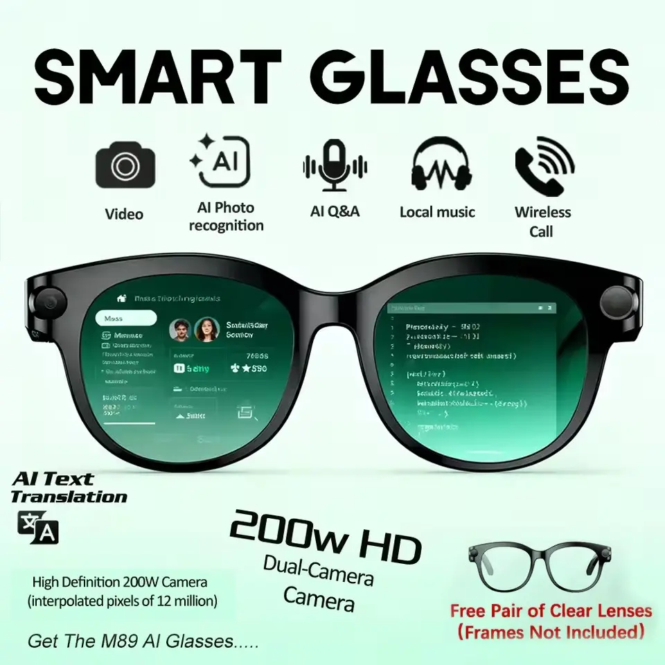 M89 Wireless Smart Glasses Ai Travel Companion, Wearable, AI Glasses With Camera, HD Camera Dual Ai Translation, Face ID, Includes 2 Lenses and Transparent, Storage Available, Wearable Tech Glasses