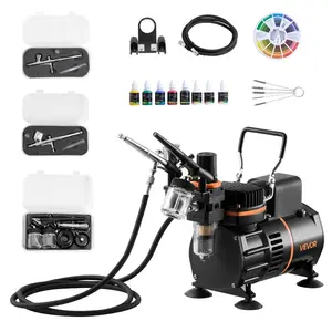 VEVOR Airbrush Kit, 1/6 HP, Air Brush Kit with Air Compressor, 3 Dual - Action Professional Airbrushes with 3 Tips, Hose, Acrylic Paint, 2 Fans, Low Noise, for Cake Decorating, Model Painting, Nail Art