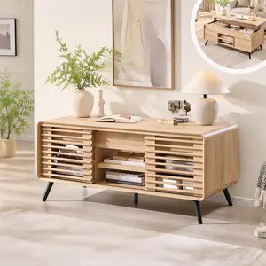 REDLEMON 48" Mid-Century Modern Coffee Table – Sliding Slatted Doors, Lift-Top Surface, Adjustable Shelves & Hidden Storage, Multifunctional Center Table for Living Room