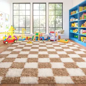 G-DAKE Large  Beige And Camel Checkered Shag Rug Thick Fluffy Soft Anti-Slip Stylish Carpet Fresh Aesthetic Decor for Living Room Bedroom Dorm