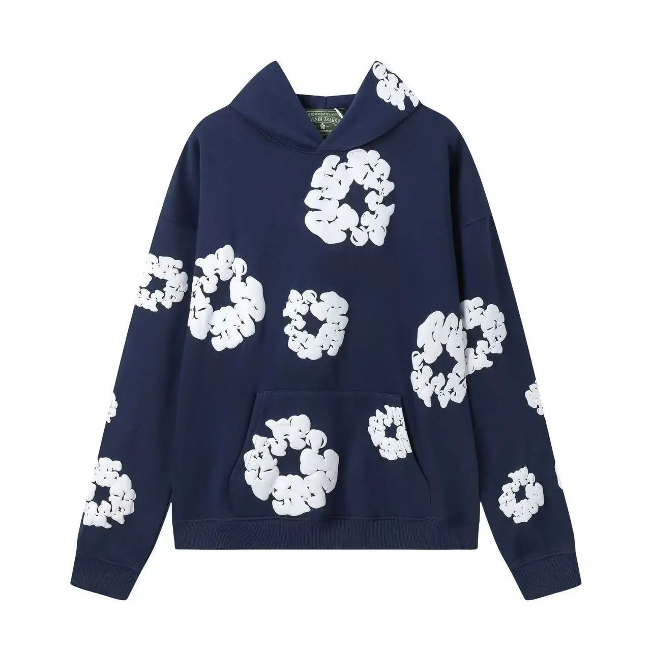 Foam navy blue hoodie��White flower wrea