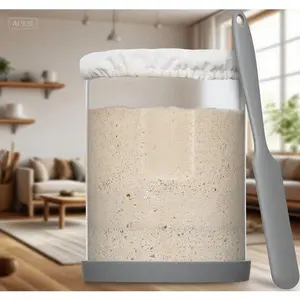 40oz Wide Mouth Glass Bread Jar Kit - Sourdough Starter Container with Marked Feeding Band, Thermometer & Scraper - Baking Supplies for Homemade Bread - Reusable Silicone Lid & Base - Dough Rising Container with Cloth Cover