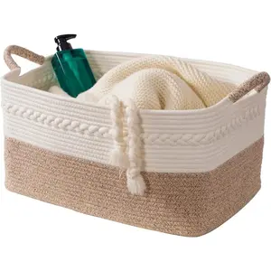 Decorative laundry basket with handles woven from   rope storage blankets for living room cute boho quilted  baskets for clothes pillows toys 20"x14"x10",white/brown