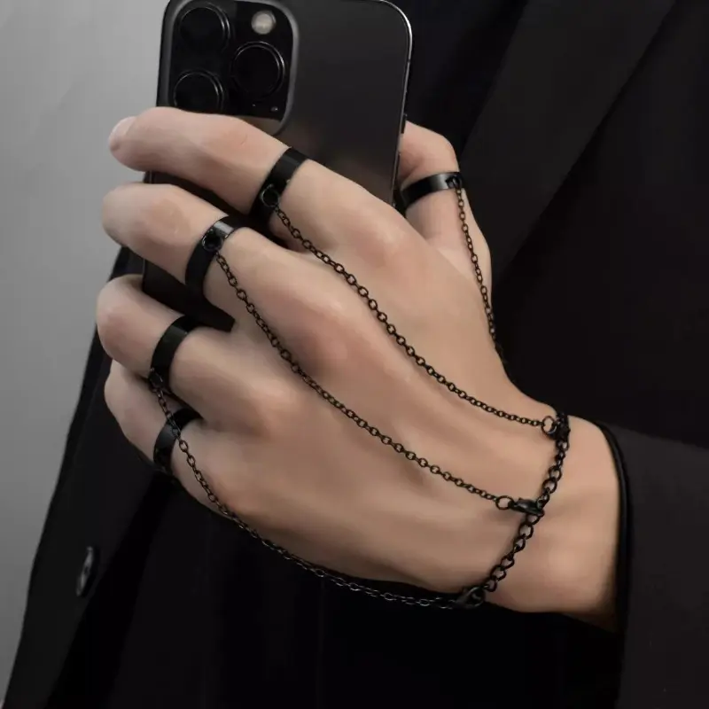 TopJewe - Punk Geometric Black Color Chain Wrist Bracelet Ring For Women Men Open Ring Silver Link Chain Girls Cool Design Fashion Jewelry