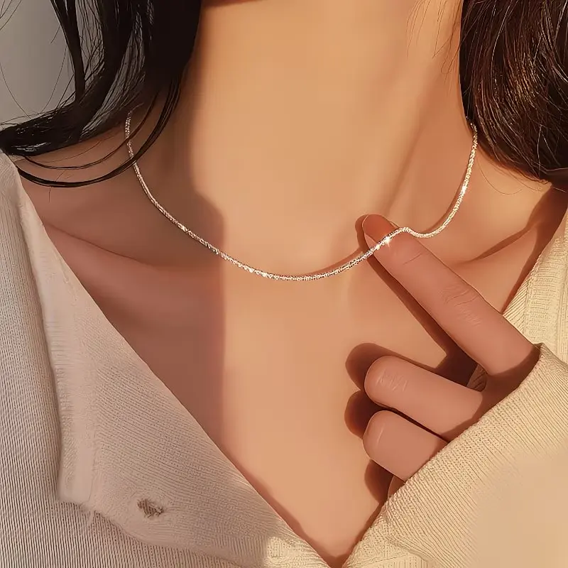 Shiny Silver Clavicle Choker Necklace for Women Herringbone Twist Chain Waterproof Minimalist Gift for Birthday Anniversary
