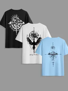Men's Compass Print Round Neck Tee, Regular Fit Casual Short Sleeve T-shirt for Summer, Men's Top for Outdoor Activities, Daily Outdoor Wear
