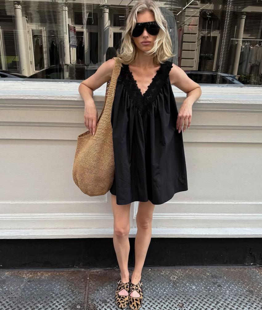 2026 Summer Pure Cotton Sleeveless V-Neck Camisole Dress for Women, Vacation Style Sleeveless Black Elegant Dress