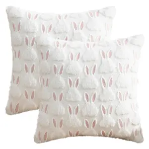 REGALWOVEN Throw Pillow Covers Set of 2, Bunny Easter Decorations, Soft Plush Jacquard Rabbit Pillow Cases for Bedroom, Sofa 18 x 18 Inch