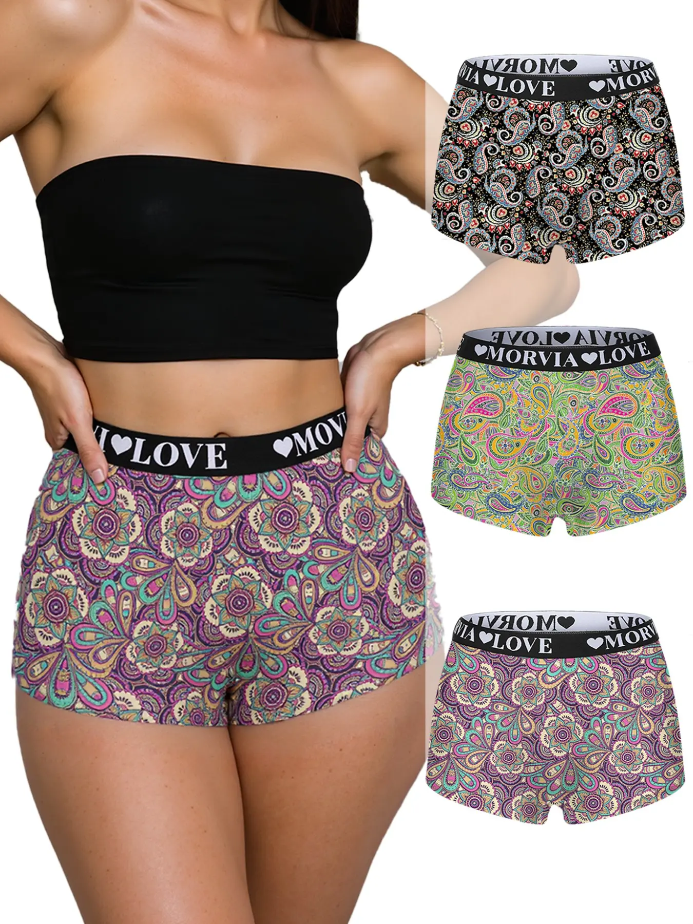 Morvia 3pcs Women's Underwear Paisley Boho Print Boyshorts Panties, Silky Soft High Stretch Seamless Fit, Breathable Quick Dry Boxer Briefs for All Seasons