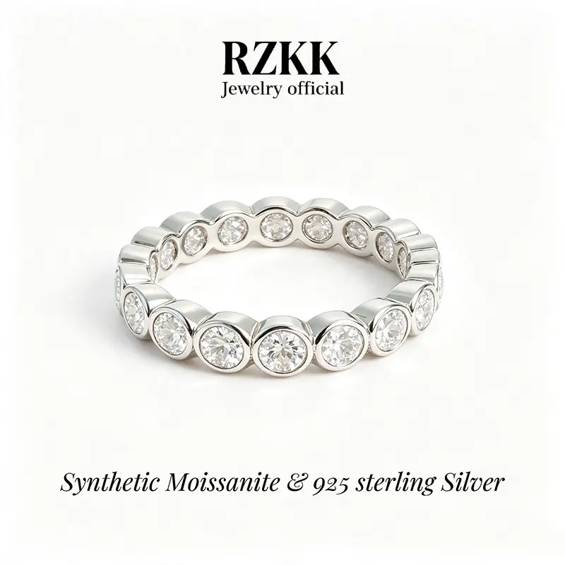 S925 Sterling Silver Bezel-Set Full Eternity Moissanite Ring, Stackable Daily Wear Band, 0.1ct D Color VVS1 Clarity Synthetic Moissanite, Size 6-9, 0.1Ct Size 6-9