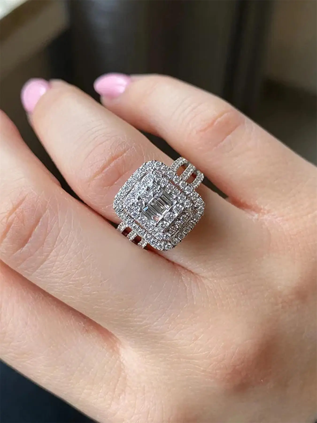 Women's Elegant Square Shaped Artificial Diamond Ring, Exquisite Trendy Ring, Statement Halo Ring, Fashionable Jewelry for Women As Engagement & Wedding Anniversary Gift, Double Layered Ring, Diamond Halo Ring, Jewelry Rings