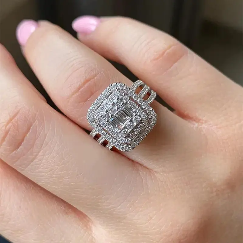 Women's Elegant Square Shaped Artificial Diamond Ring, Exquisite Trendy Ring, Statement Halo Ring, Fashionable Jewelry for Women As Engagement & Wedding Anniversary Gift, Double Layered Ring, Diamond Halo Ring, Beautiful Rings
