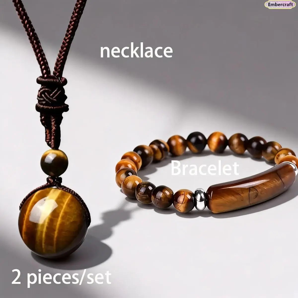 Women's 2-Piece Tiger's Eye Jewelry Set - Boho Braid Style Adjustable Rope Necklace & Bracelet, Natural Stone Spiritual Protection Retro Accessory, Gift for Lovers, Daily Wear, Set Pair