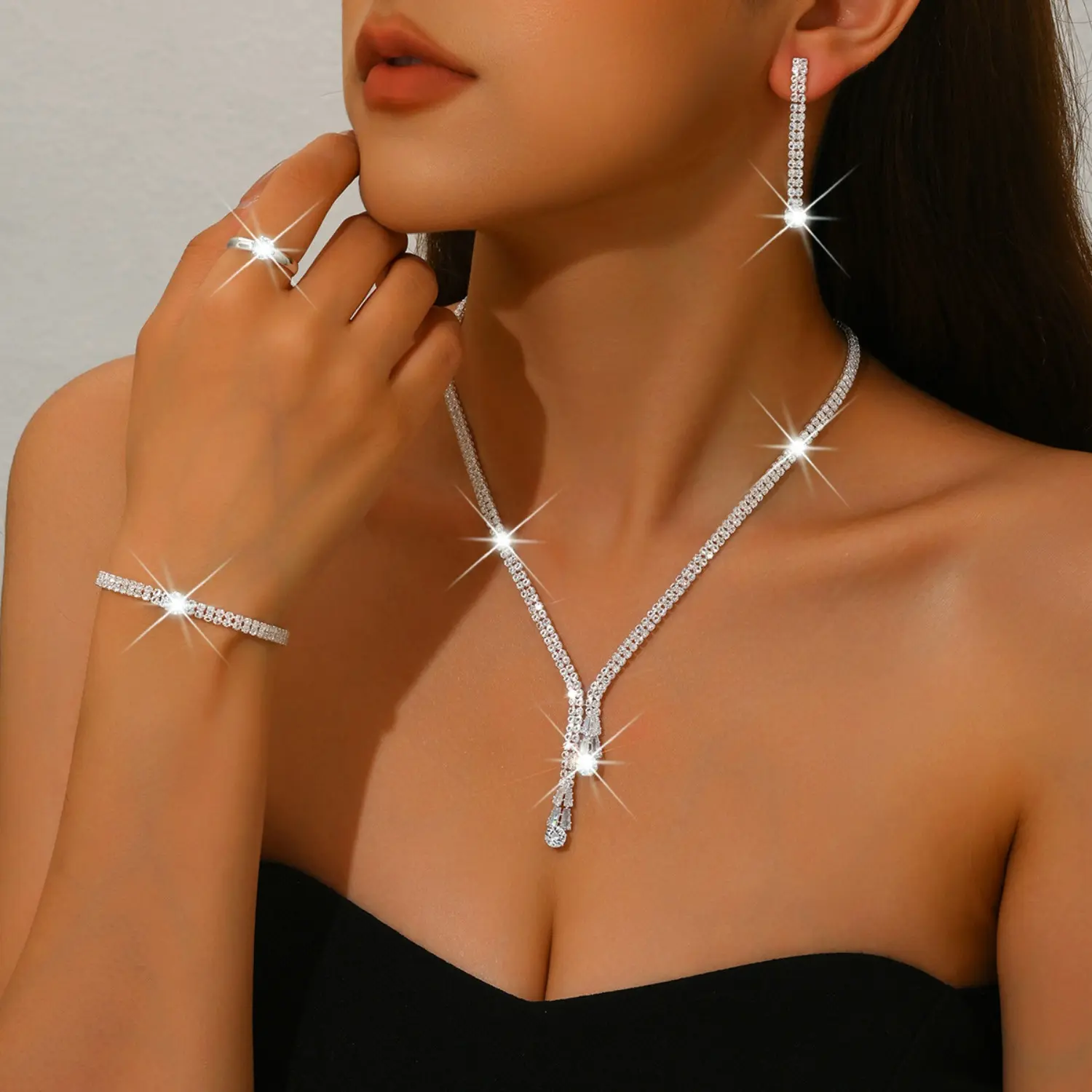 Elegant Jewelry Set for Women, 2-Piece Collarbone Necklace and Marquise Cut Zircon Earrings Necklaces Earrings Set, Female, Luxury, Matching Jewelry Set