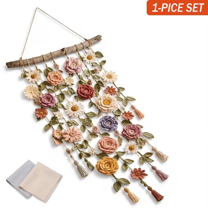 2Pcs Handmade Boho Crochet Flower Wall Hanging - Bohemian Cascading Floral Macrame Decor with Fabric Suitable for Christmas, Nursery, Farmhouse, Year-Round Hanging for Bedroom, Multi-Holiday Decoration