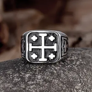 GTHIC Vintage Jerusalem Cross Stainless Steel Ring for Men Women Statement Jewelry Daily Wear