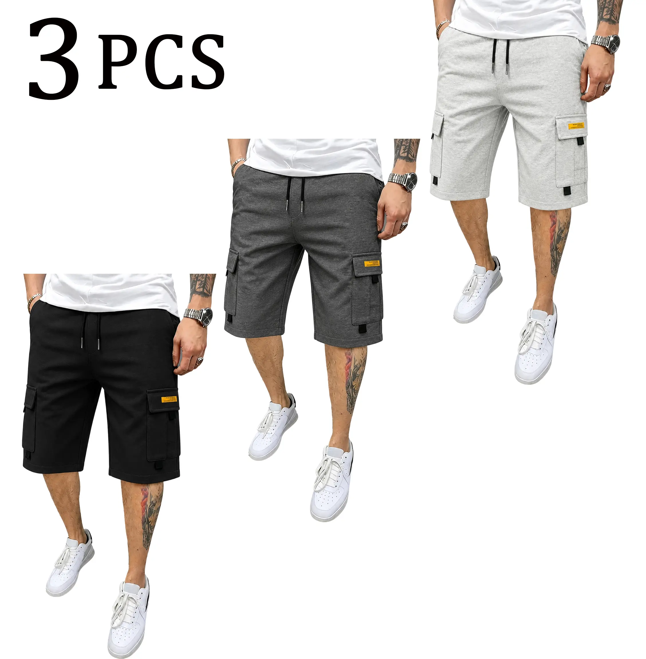 Clean Gent Men’s 3-piece set solid-color athletic running cargo shorts—drawstring waist, comfortable, stylish loose fit; summer shorts suitable for everyday wear and outdoor sports menswear.