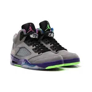 Unisex Brand New Sealed Retro Basketball Sneakers with Original Shoe Box Soft Grey Distressed Suede Rainbow Multicolor Interior Neon Green Logo Transparent Ice Blue Outsole Minimalist Summer Streetwear All Season Daily Casual Footwear