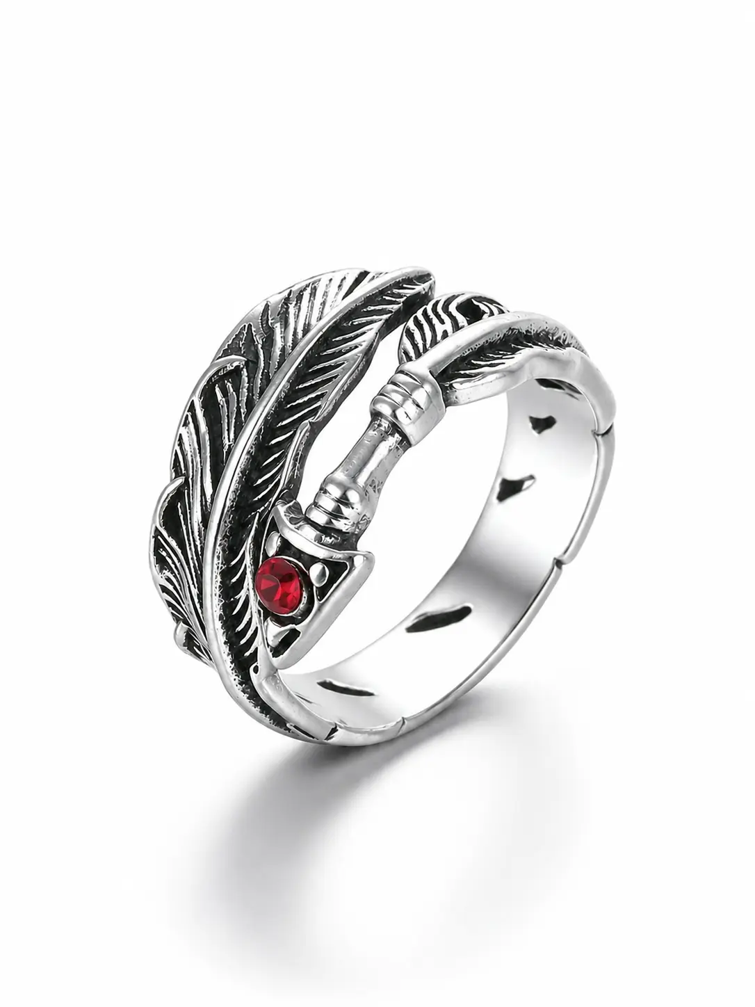 Unisex Vintage Feather Arrow Adjustable Open Ring, Silver-Tone Statement Ring with Red Stone Accent, Gothic Boho Jewelry Gift for Men and Women