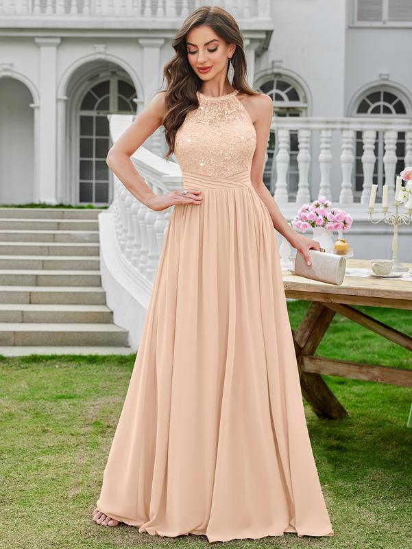 MIUSOL 24447A Women's Sequin Lace Sleeveless Halter Tie Back Ruched Waist Design Formal Evening Gowns Maxi Dress for Formal Event, Evening Party, Banquet, Festival, Quinceaneradress, Bridesmaid Dress