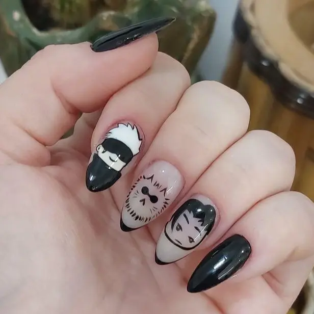 Anime Character Press On Nails, Black French Tip Nail Set with Cartoon Face Art, Handmade Fake Nails, Fun Reusable Nail Tips for Fans