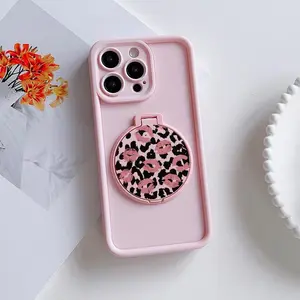 Leopard Print Lip Compact Mirror Set with TPU Shockproof iPhone Cases for iPhone 6-16 Pro Max, Stylish Dual Purpose Accessory