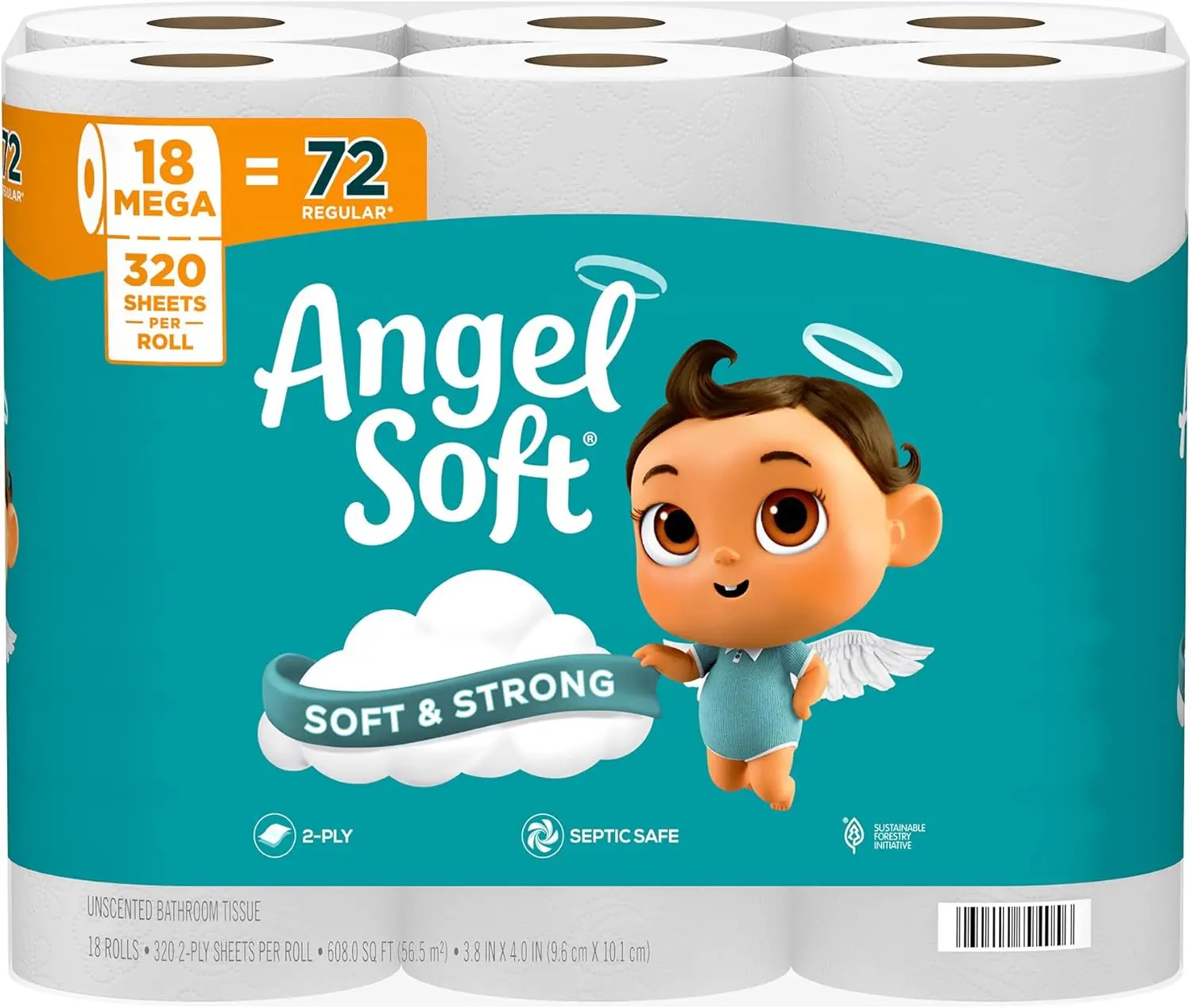 Angel Soft Toilet Paper Pack, 18 Mega Rolls (=72 Regular Rolls), Soft, Strong Toilet Tissue with Sheets for Home Cleaning, Towel-Wipe Functionality