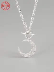 925 Sterling Silver Fashion Moon Design Pendant Necklace for Women & Girls, Fashion Jewelry for Party, Daily Decor, Trendy  Exquisite Jewelry for Birthday Gift