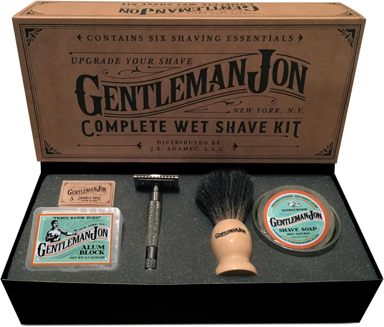 Safety Razor Shaving Kit | Vintage Wet Shave Grooming Set for Men - Includes: Safety Razor, Hair Shaving Brush, Alum Block, Shave Soap, Bowl & Double Edge Razor Blades Gentleman Jon