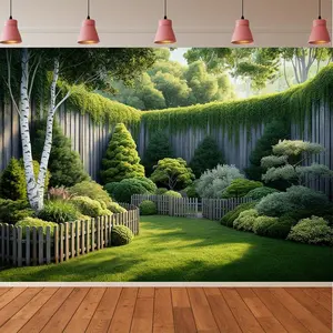 1pc Green Garden Party Banner - Polyester Photo Backdrop with Lush Greenery & Wooden Fence Design, All-Season Indoor/Outdoor Wall Decor for Home, Events, Parties - Vibrant Mixed Colors, Garden